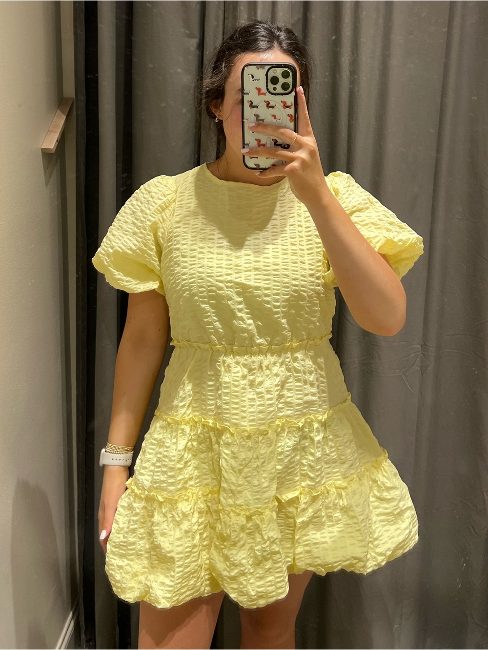 Storia Yellow Textured Tiered Mini Dress